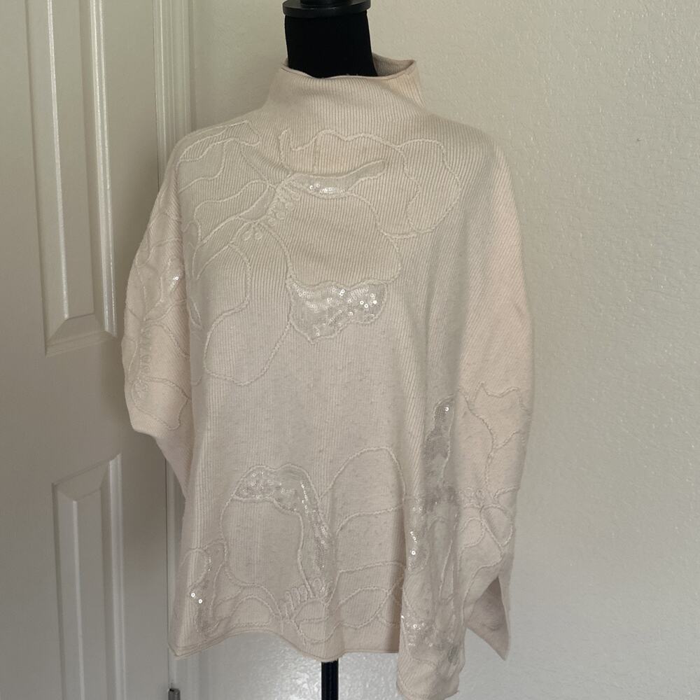 Chicos White Mock Neck Sweater Beaded Medium Last Xmas